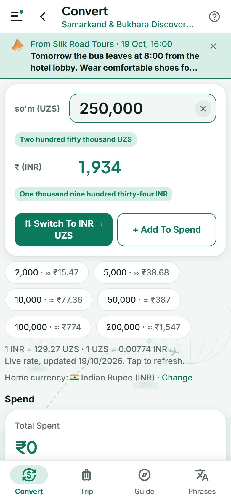 An announcement from the tour operator at the top of the app
