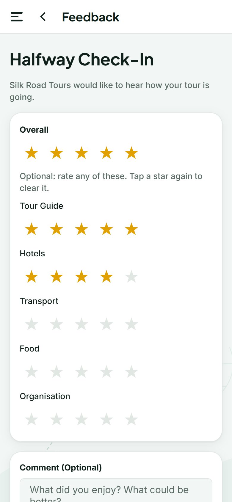 The traveller’s feedback form, with the choice to stay anonymous