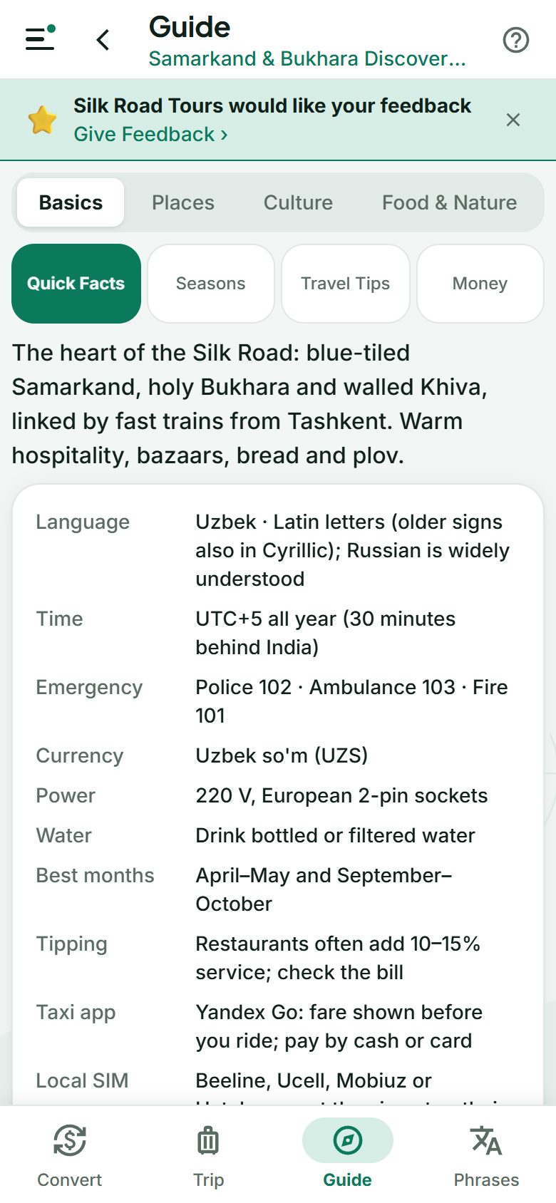 The Uzbekistan country guide in the app