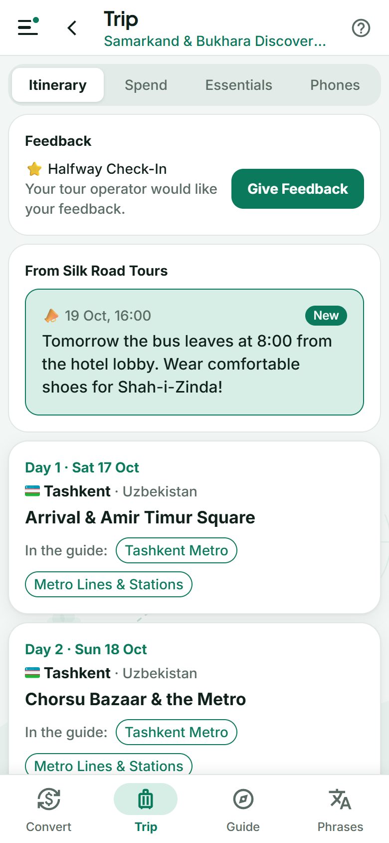 A tour’s itinerary in the Travigence app, with today highlighted