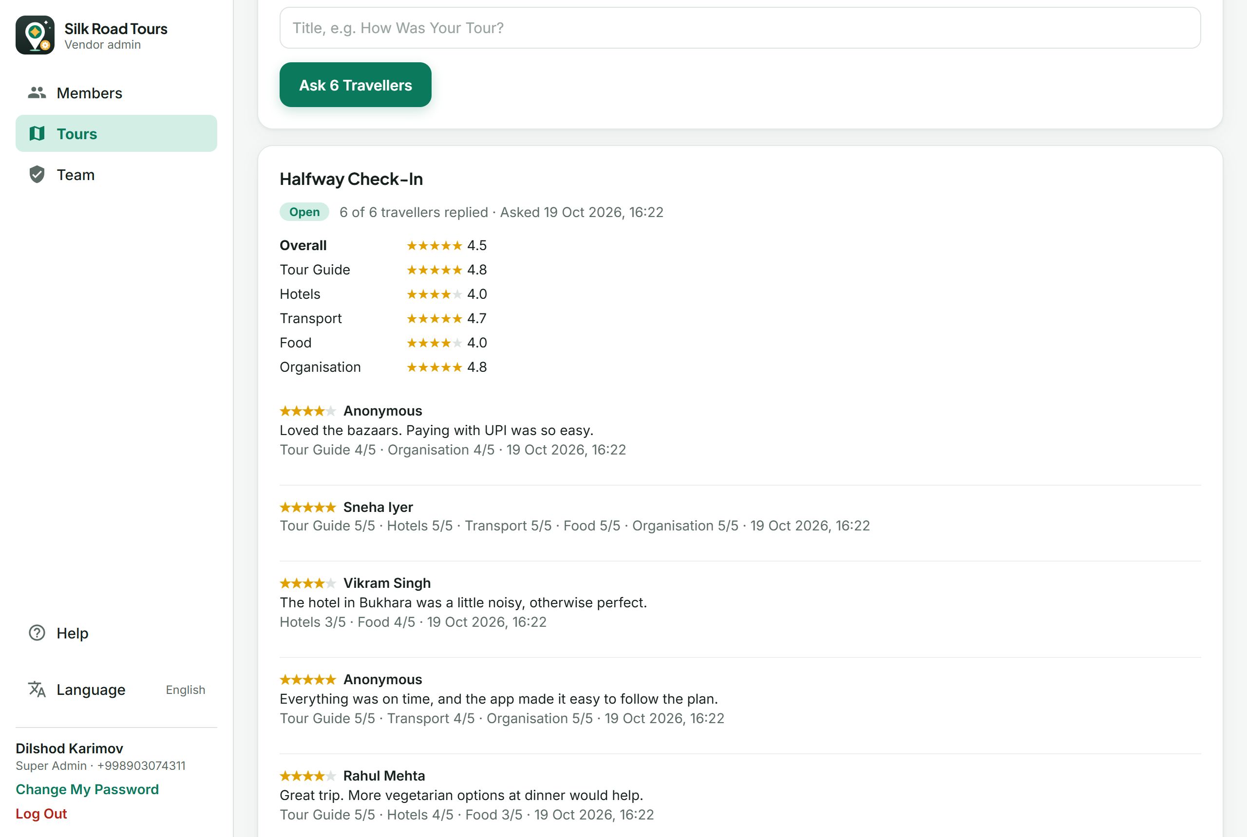 Feedback results in the Travigence portal: average ratings and comments