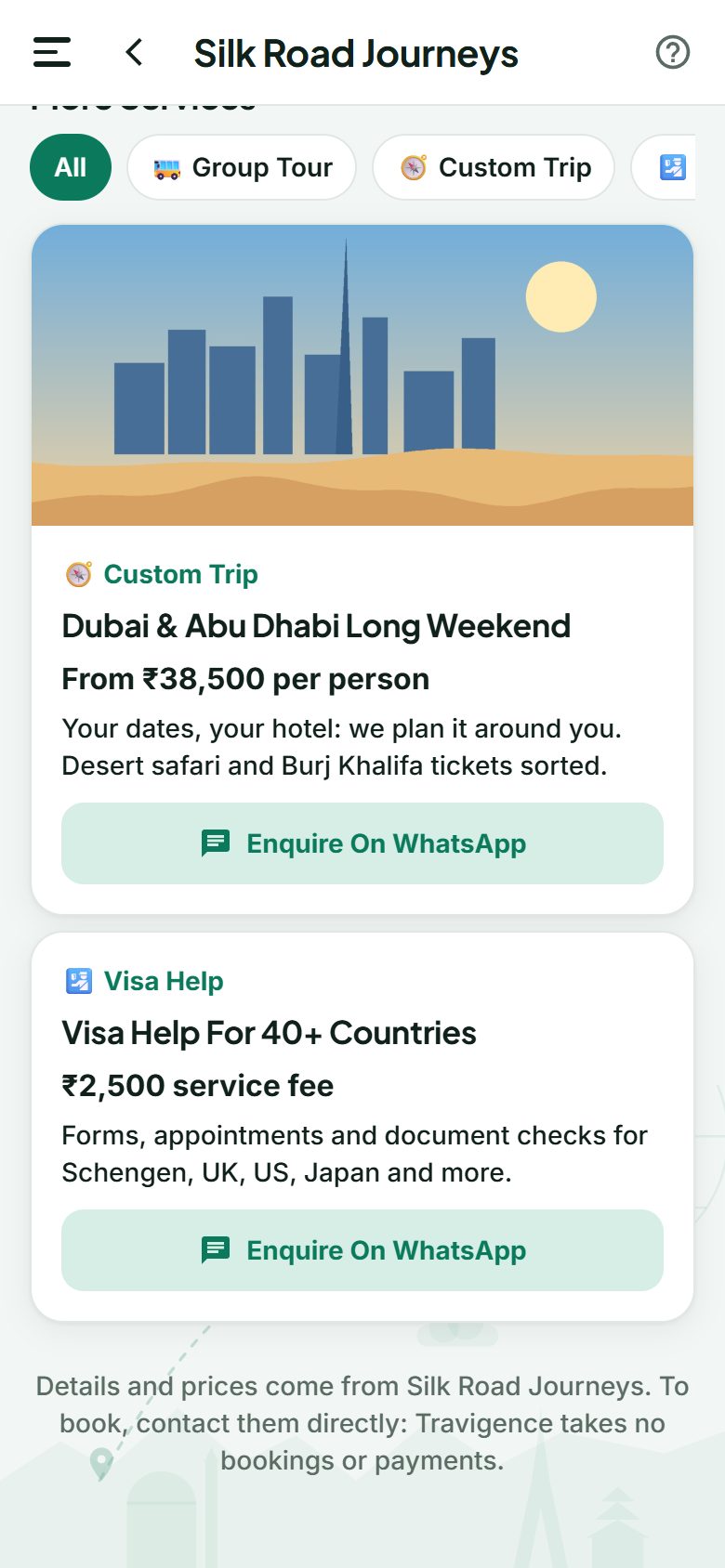 Service cards with an Enquire On WhatsApp button