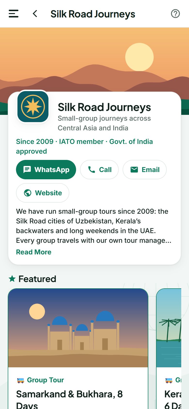 A tour operator’s services page in the Travigence app