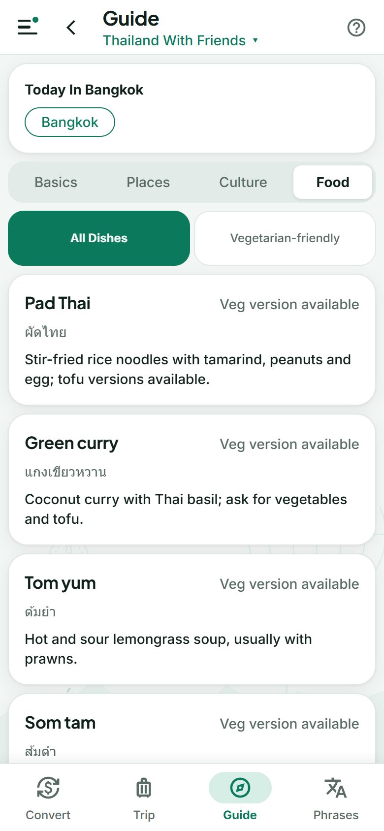 A country guide with local food marked vegetarian