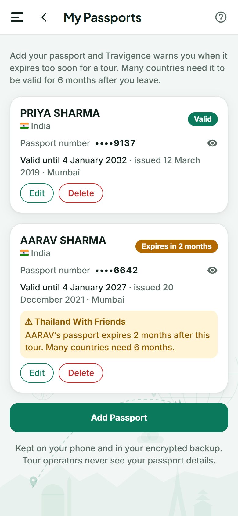 My Passports, with a warning that a passport expires 2 months after the trip